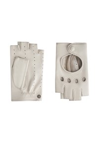 Guantes de piel gris claro sin dedos con perforaciones, bandas elásticas y cierre de botón. Presentan un corte y acentos circulares.