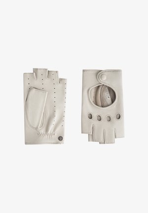 Light gray leather fingerless gloves with perforations, elastic bands, and a button closure. Features a cutout and circular accents.