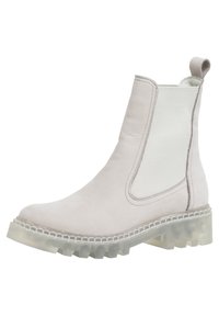 Jasnoszary botek do kostki z elastycznymi panelami bocznymi, teksturowaną skórzaną cholewką i przezroczystą gumową podeszwą z wytrzymałym bieżnikiem.