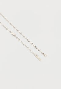 Ασημένιο κολιέ με αλυσίδα και κούμπωμα με κούμπωμα αστακού και ρυθμιζόμενους κρίκους, με ένα μικρό ορθογώνιο μενταγιόν κοντά στο κούμπωμα σε λευκό φόντο.