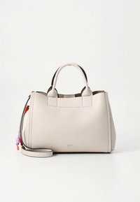 Light beige structured handbag with two top handles, a removable shoulder strap, and a smooth texture. Features subtle logo detail on the front.