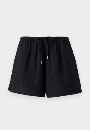 Schwarze Baumwollshorts mit einer strukturierten, gekräuselten Oberfläche. Verfügt über einen elastischen Bund und eine verstellbare Kordel für Komfort und guten Sitz.
