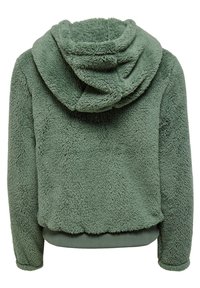 Miękka, zielona, puszysta bluza z kapturem z długimi rękawami i prążkowanym dołem, pokazana z tyłu.