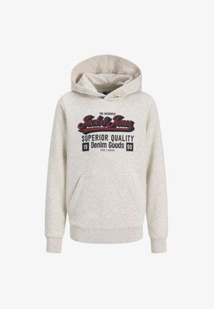 Svijetlosiva hoodie napravljena od mekog materijala, s prednjim džepom, rebrastim rukavima i kapuljačom s vezicom. Grafika s natpisom u tamnocrvenoj i crnoj boji.