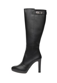 Black leather knee-high boots with a pointed toe, high stiletto heel, and a silver accent near the top. Smooth texture, fitted design.