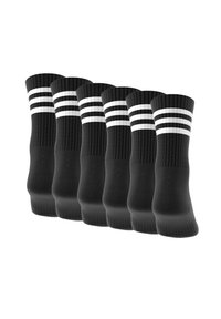 Black athletic socks featuring three horizontal white stripes at the top. Made from ribbed material with a smooth texture. Pack of six.