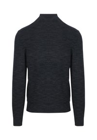 Donkergrijze gebreide trui met een hoge kraag, lange mouwen en een aansluitend silhouet. Getextureerde stof met een subtiel, gevarieerd patroon.