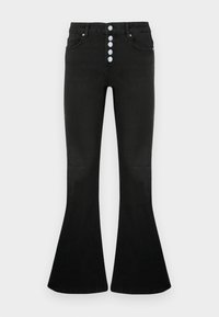 Jean évasé noir taille haute, braguette à cinq boutons, texture en denim doux et détails de coutures discrètes sur les poches et les coutures.