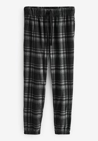 Schwarz-graue Karohose mit elastischem Bund und verstellbarem Kordelzug. Sie verfügt über eine weiche Textur und schmal zulaufende Beine.
