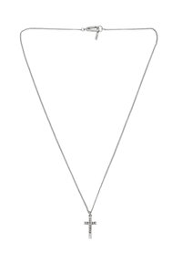 Collier en chaîne en argent avec un pendentif croix texturé. La croix présente des détails gravés et un fermoir à pince en forme de homard pour la fermeture.