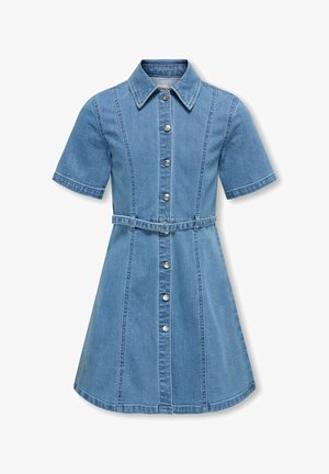 Lyseblå denimkjole med korte ermer, knapper foran, krage og matchende belte i livet.