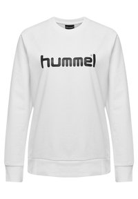 Felpa bianca in cotone con scollo rotondo e polsini a costine. Presenta un grande logo nero "hummel" sulla parte anteriore.