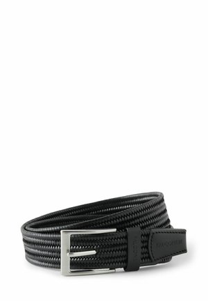 Sort vævet læderbælte rullet op med en sølv rektangulær spænde, mærket læderløkke og endetip præget med "Falconeri".