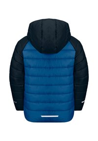 Giacca imbottita in blu scuro e nero, dotata di cappuccio, cuciture orizzontali e dettagli riflettenti sulle maniche e sull'orlo.