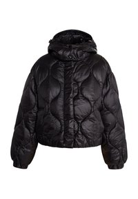 Black puffer jacket with a quilted, circular pattern, elastic cuffs, a high collar, and drawstring hood. Made of shiny, smooth fabric.