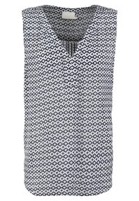 Bezramenný top s geometrickým vzorem v námořnické modré a bílé barvě. Design s výstřihem do V, texturovaná tkanina, rovný střih a žádné viditelné zapínání.