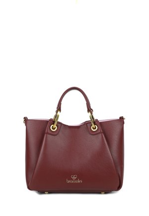 Borsa tote in pelle bordeaux con hardware dorato, doppi manici e logo "braccialini" al centro frontale.