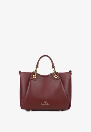 Borsa tote in pelle bordeaux con hardware dorato, doppi manici e logo "braccialini" al centro frontale.