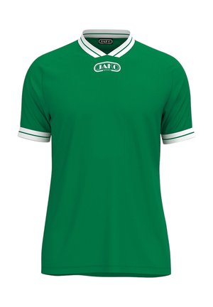 Grünes Sportshirt mit kurzen Ärmeln, weißem V-Ausschnitt und Bündchen sowie JAKO SPORT-Logo auf der Brust und innen am Kragen.