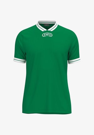 Groen sportshirt met korte mouwen, witte V-halskraag en manchetten, met het JAKO SPORT-logo op de borst en aan de binnenkant van de kraag.
