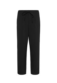 Pantalon noir avec une taille à cordon, coupe droite et poches latérales. Tissu lisse avec une texture douce et sans motifs visibles.