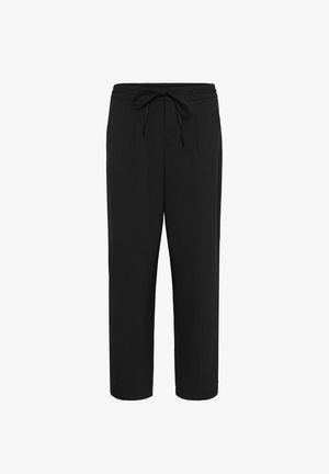 Black trousers featuring a drawstring waist, straight cut, and side pockets. Smooth fabric with a soft texture and no visible patterns.