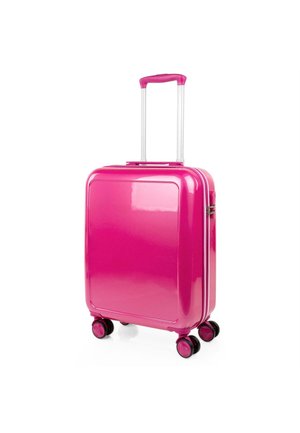 Maleta de carcasa dura en color rosa brillante, diseño rectangular, acabado brillante, asa retráctil y cuatro ruedas negras para facilitar la movilidad.
