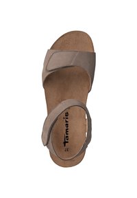 Grey suede sandal with two adjustable straps, a cushioned footbed, and a flat sole. The insole features visible brand lettering.