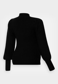 Zwarte geribde trui met een hoge hals, lange pofmouwen en een aansluitende pasvorm. Gemaakt van een gestructureerde breisel.