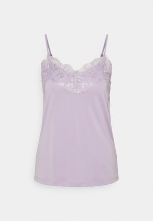 Lilac camisole top with thin adjustable straps and floral lace trim along the neckline and sides on a plain background.