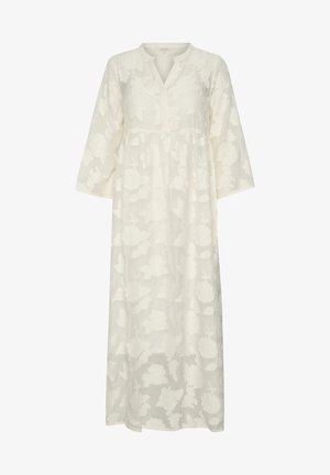 Langes weißes Kleid aus Baumwollstoff mit einem geprägten Blumenmuster, einem V-Ausschnitt und 3/4-Ärmeln. Fließendes Design, knielang.