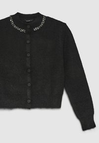 Schwarze gestrickte Strickjacke mit rundem Kragen, verziert mit dekorativen Steinen, mit einer Knopfverschlussleiste an der Vorderseite und langen Ärmeln.