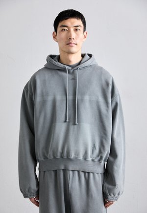 Grauer Hoodie mit lockerer Passform, gerippten Bündchen und einer Fronttasche. Glatte Textur mit subtilen Farbverläufen und Logodetail.