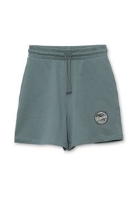 Pantalones cortos de algodón grises con una cinturilla elástica, cordón ajustable y un parche redondo con el logo "Waves" en la parte inferior izquierda.