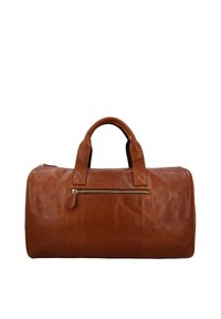 Braune Ledertasche mit zwei Griffen und einer vorderen Reißverschlusstasche, dargestellt vor weißem Hintergrund.