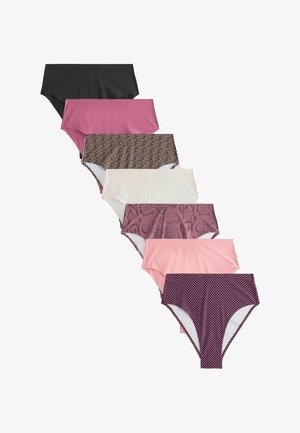 Hét pár női magasderekú bugyi fekete, rózsaszín, leopárdmintás, bézs, lila kígyómintás, világos rózsaszín és sötét lila fehér pöttyökkel.