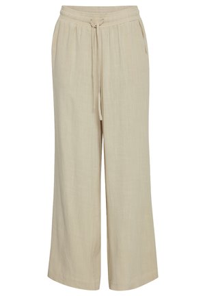 Beige Leinenhosen mit lockerer Passform, elastischem Bund, Kordelzug und Seitentaschen. Glatte Textur und weit geschnittenes Design.