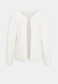 Weißer Langarm-Cardigan mit strukturiertem Muster, offenem Vorderteil und abgerundetem Ausschnitt. Ohne Verschlüsse oder zusätzliche Details.