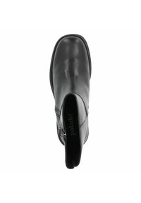 Black leather ankle boot featuring a side zipper, round toe, and a smooth texture with minimal stitching details. Logo visible inside.