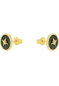 Pendientes de botón en tono dorado que presentan un centro de piedra negra circular con un acento de estrella dorada elevada y una pequeña gema blanca.