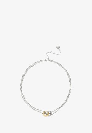 Zilveren ketting met interlockende schakels in zilver en goudkleurig metaal. Verstelbare lengte met een veilige sluiting en verlengkettinkje.