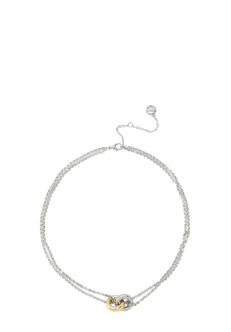 Collar de cadena plateada con eslabones entrelazados en metal plateado y dorado. Longitud ajustable con un cierre seguro y cadena de extensión.