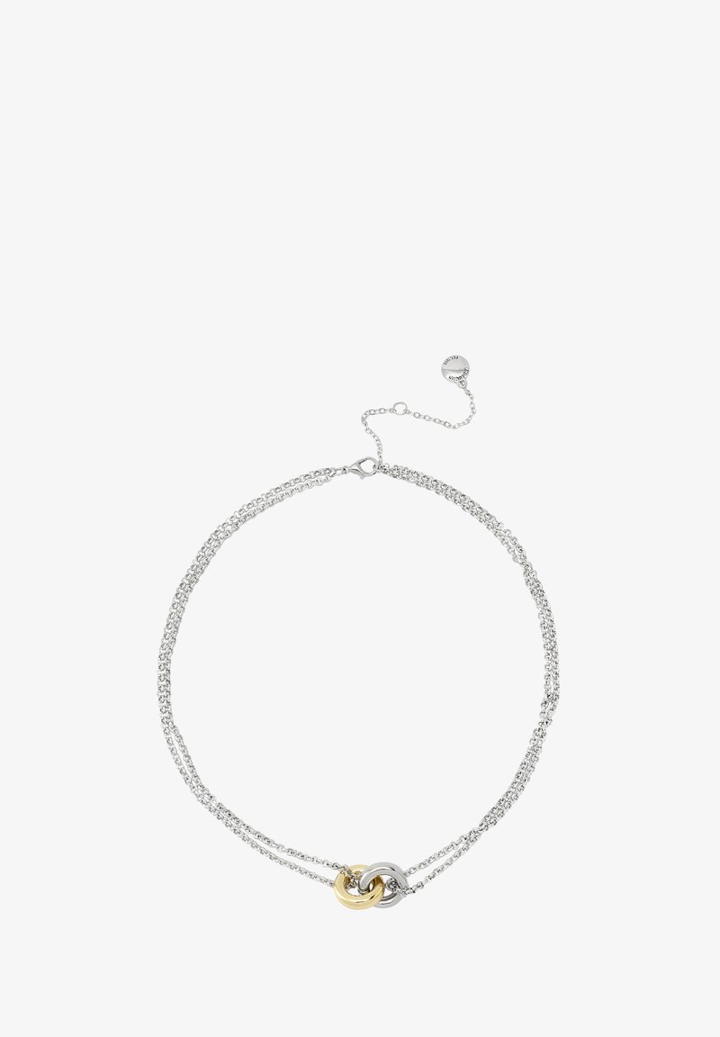 Silver chainhalsband med sammanlänkade länkar i silver- och guldtonat metall. Justerbar längd med ett säkert spänne och förlängningskedja.