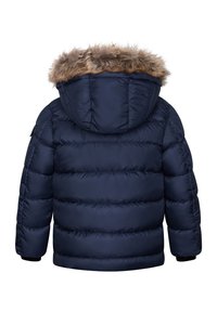 Marinblå pufferjacka med huva klädd i päls, med quiltade sektioner och svarta ribbade manschetter för extra värme.