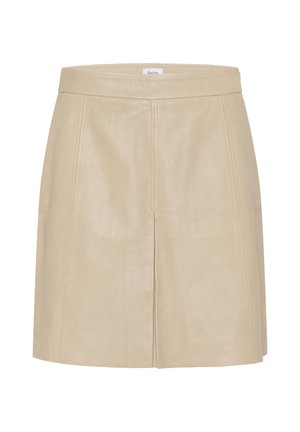 Béžová kožená mini sukně s hladkým povrchem, s upnutým pasem a jemnými švy, které jí dodávají čistý, moderní siluetu.