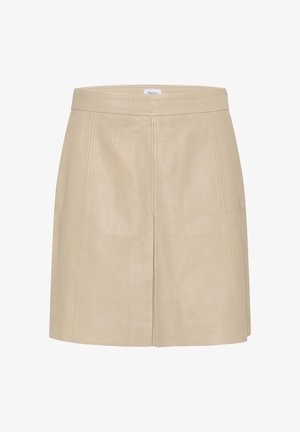 Beige leather mini skirt with a smooth texture, featuring a fitted waist and subtle stitching details, giving it a clean, modern silhouette.