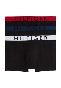 Boxer-culottes en coton noir avec des ceintures élastiques rouges, bleues et blanches portant l'inscription "HILFIGER" dans des couleurs contrastantes.