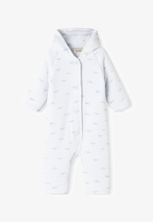 Grenouillère blanche pour bébé avec capuche, manches longues, fermeture à boutons sur le devant, et motif subtil de nuages gris clair.