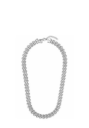 Silver-toned double chain necklace with interlocking rectangular links and adjustable lobster clasp closure on a white background.