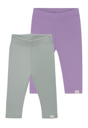 Zwei Paar gerippte Baby-Leggings, eines in Hellgrau und eines in Lavendel, jeweils mit einem kleinen Logostreifen am Saum.